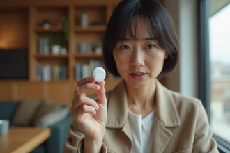 Femme tenant un AirTag Apple entre ses doigts dans un appartement moderne, illustrant le fonctionnement en mode perdu