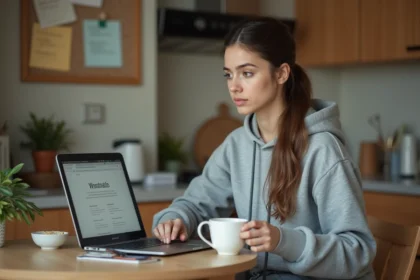 Jeune femme concentrée sur son ordinateur en cuisine