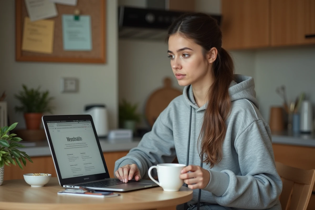 Jeune femme concentrée sur son ordinateur en cuisine