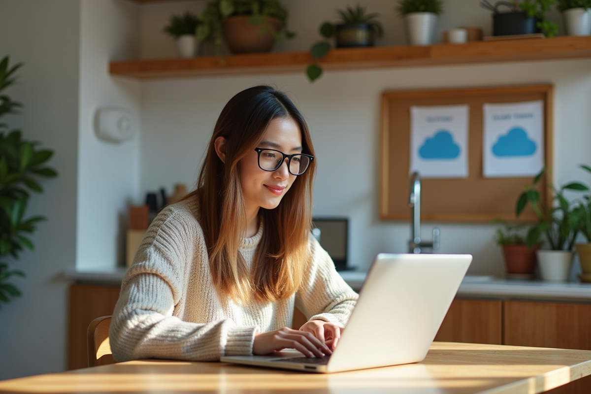 Jeune femme travaillant à la maison avec ordinateur portable