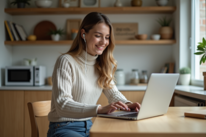 Jeune femme souriante travaillant sur son ordinateur à la maison