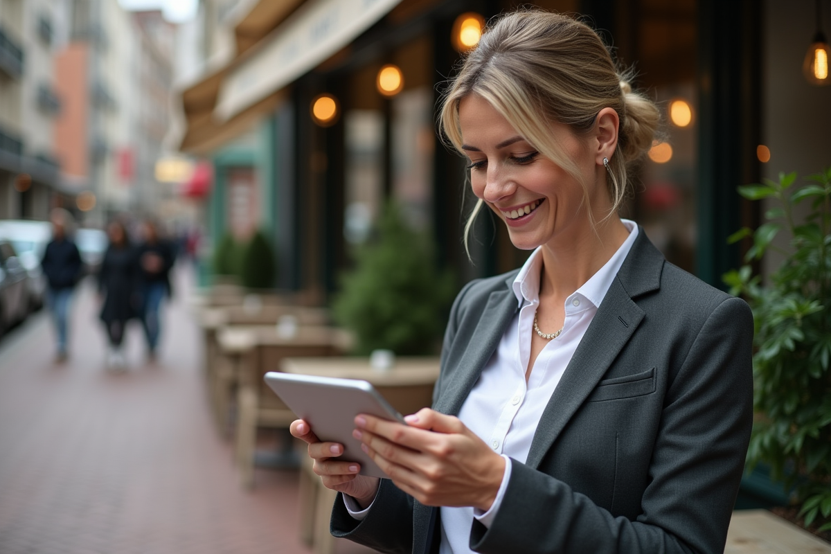 Femme d affaires utilisant une tablette en extérieur au café