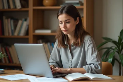 Femme analysant des corrections grammaticales françaises avancées sur un logiciel de vérification comme Scrinbens, assise à un bureau en bois entouré de notes et de manuels