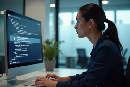 Femme professionnelle examinant une URL sécurisée avec cadenas dans un navigateur web sur un écran d'ordinateur en bureau moderne