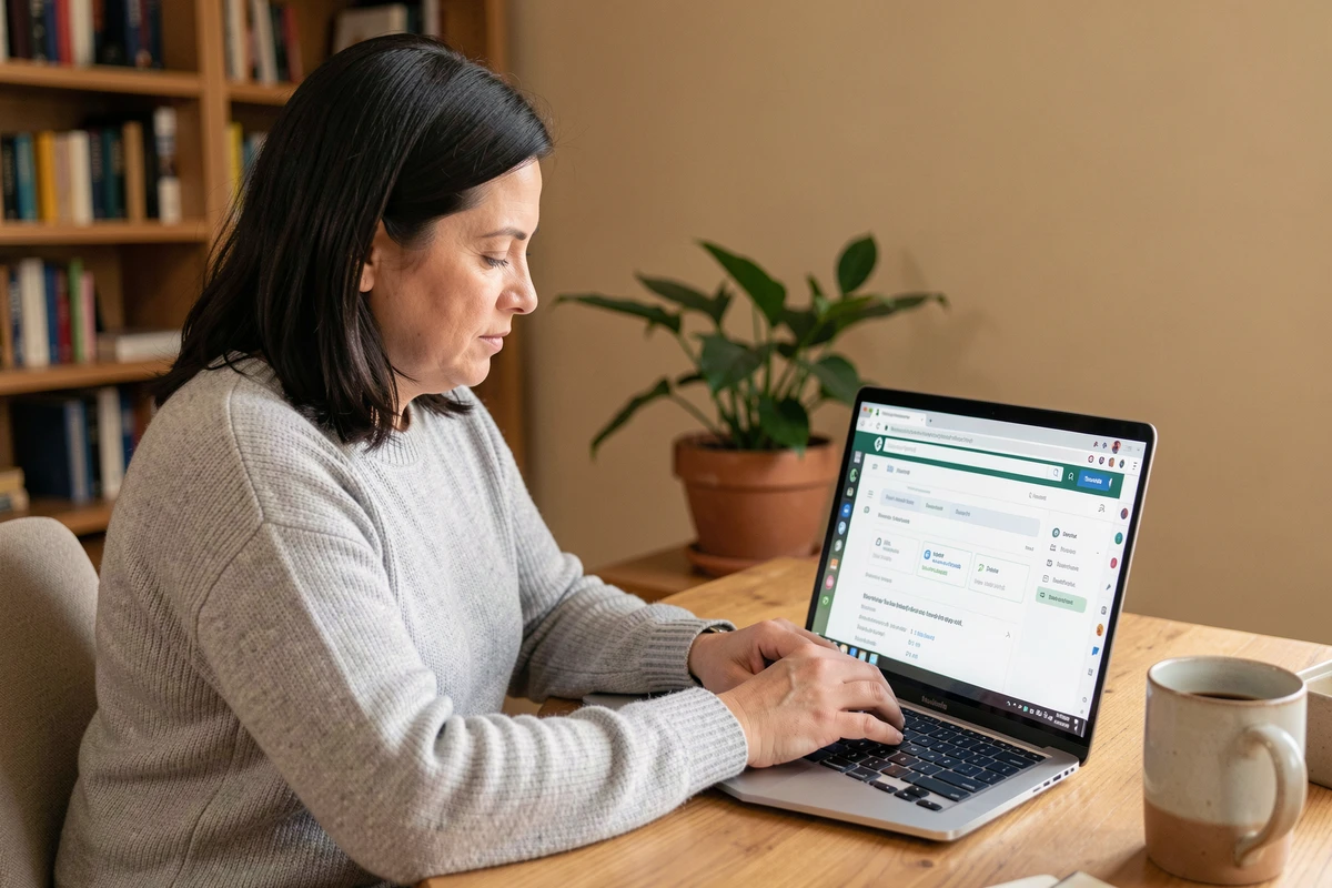 Femme consultant ses e-mails via un webmail Orange sur un ordinateur portable dans un bureau à domicile