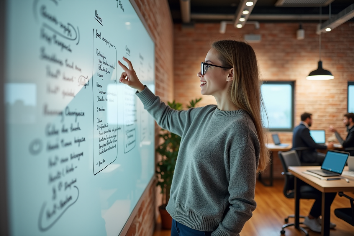 Femme pointant un diagramme sur un tableau blanc
