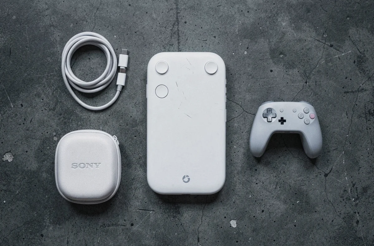 Vue de dessus en flat-lay de la console portable Sony PlayStation pour le cloud gaming avec ses accessoires sur fond béton