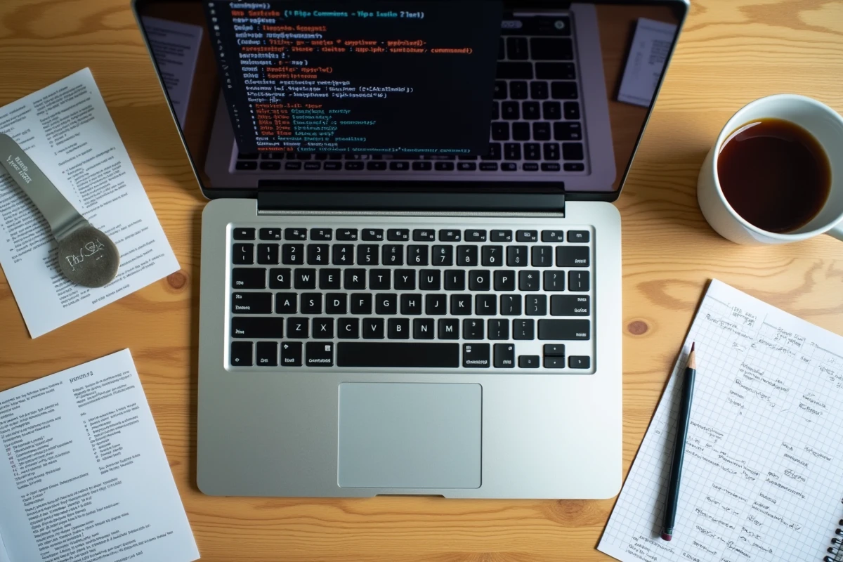 Vue aérienne d'un laptop sous Linux avec terminal pip et Python ouvert entouré de notes de commandes et d'un café