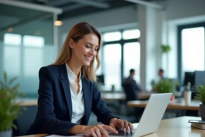 Responsable RH en PME consultant des dossiers salariés numérisés sur ordinateur portable dans un bureau moderne