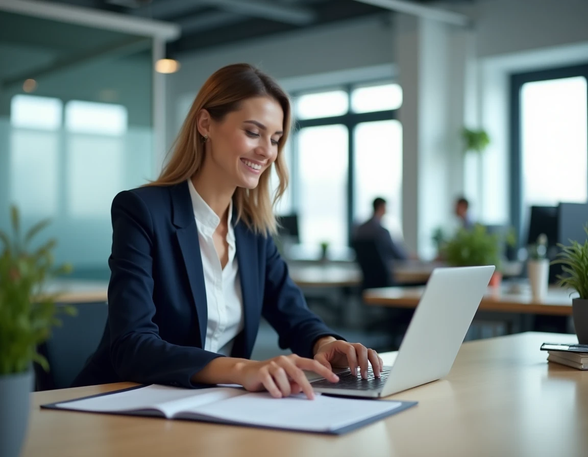 Responsable RH en PME consultant des dossiers salariés numérisés sur ordinateur portable dans un bureau moderne