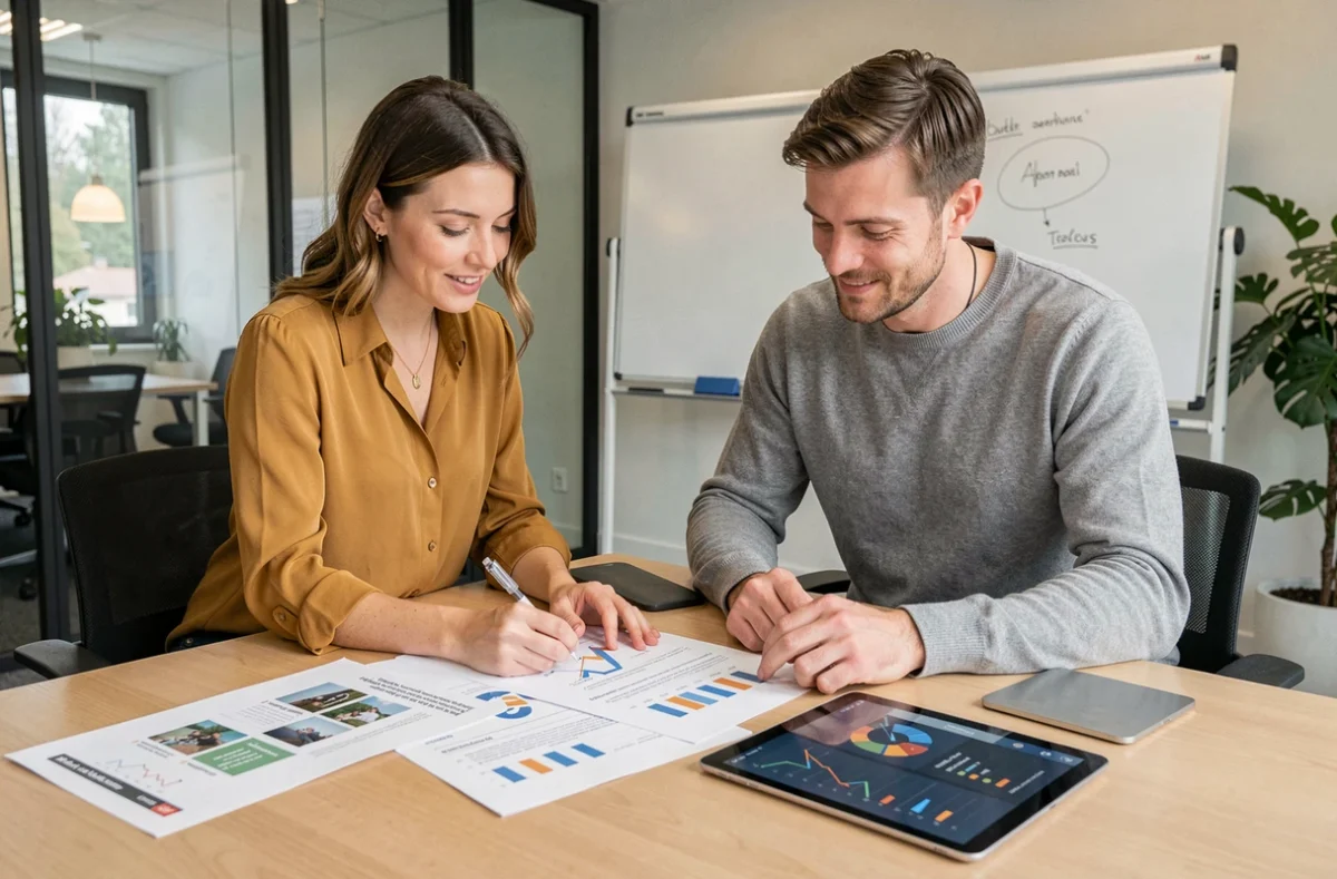 Deux professionnels de GOODIGITAL, agence digitale du Puy-de-Dôme, collaborant autour d'analyses de campagnes marketing sur tablette