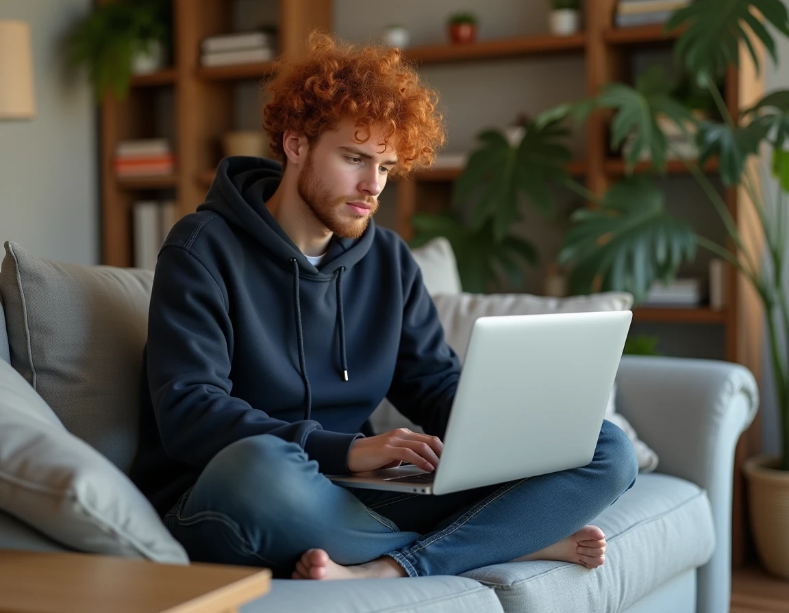 Jeune personne utilisant Google Docs sur un ordinateur portable dans un salon, illustrant l'utilisation des raccourcis clavier pour annuler et rétablir des actions