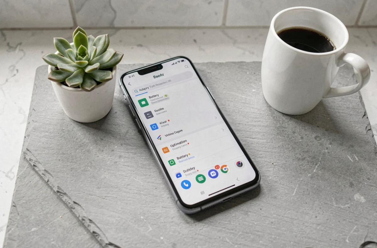 Google Pixel 8 Pro affichant les options d'optimisation de la batterie adaptative posé sur un comptoir minimaliste