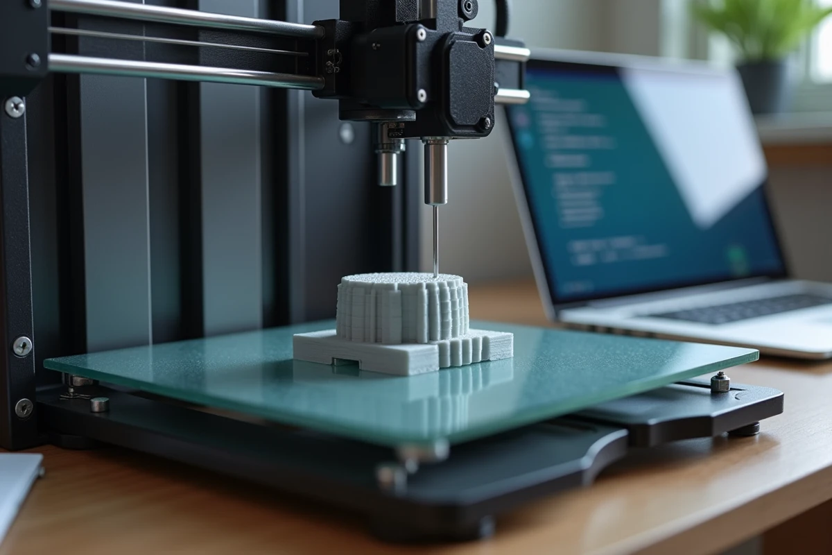 Gros plan d'une imprimante 3D FDM en cours d'impression d'un composant mécanique sur plateau en verre dans un bureau à domicile