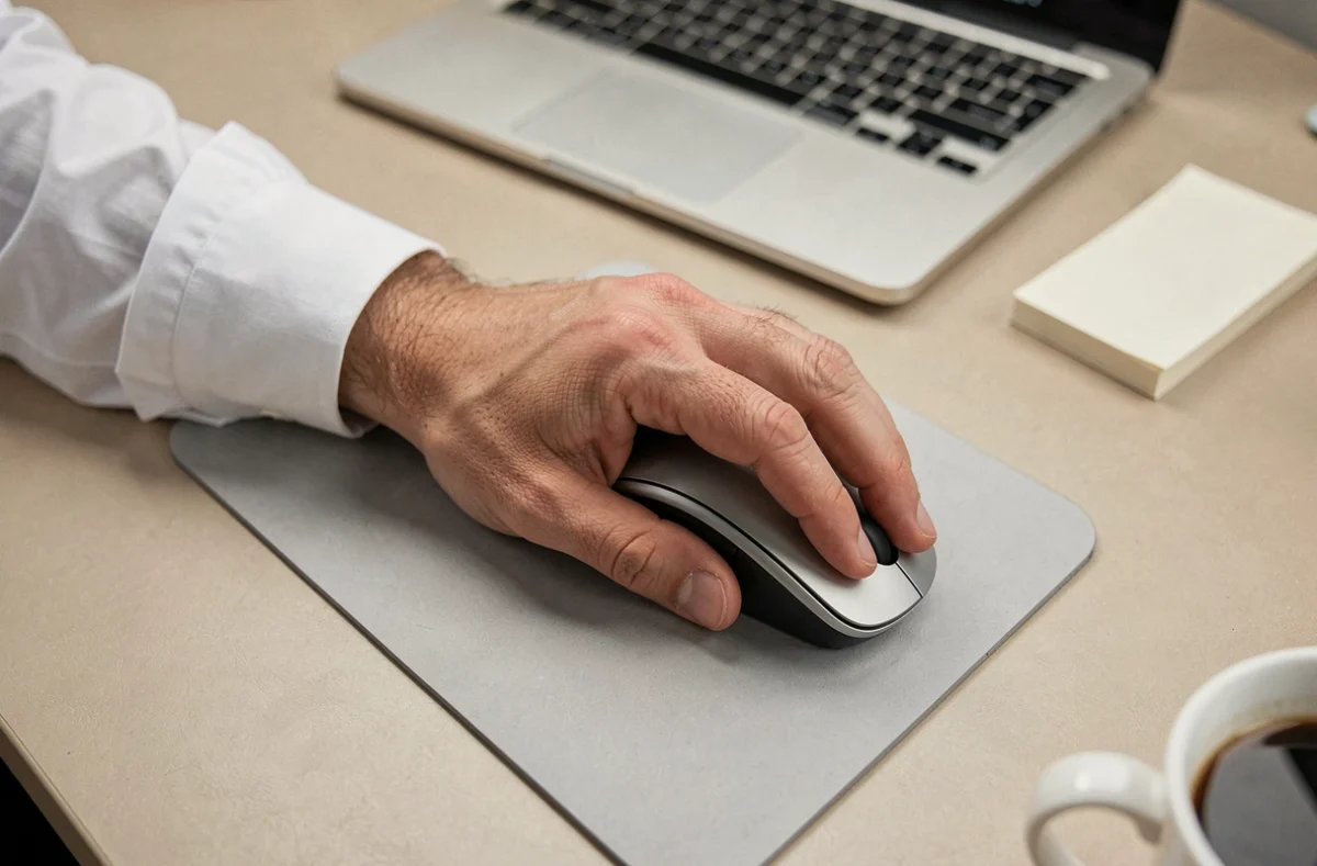 Gros plan d'une main masculine tenant une souris sans fil ergonomique sur un tapis de souris gris dans un bureau professionnel