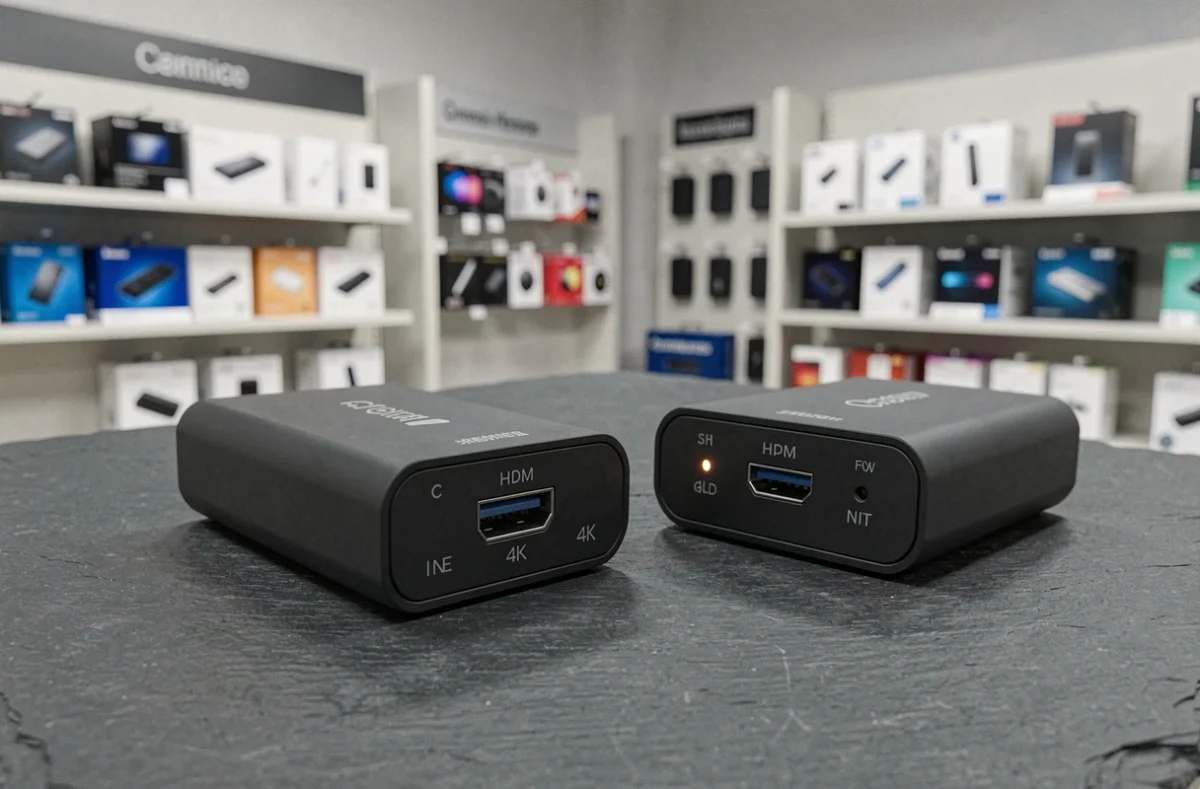 Gros plan d'un transmetteur HDMI 4K sans fil et son récepteur exposés sur une surface en ardoise dans un magasin d'électronique