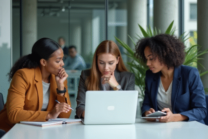 Groupe de professionnels collaborant autour d'un ordinateur en bureau