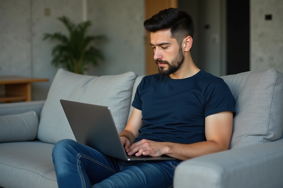 Homme consultant des highlights Instagram sur ordinateur portable dans un salon moderne