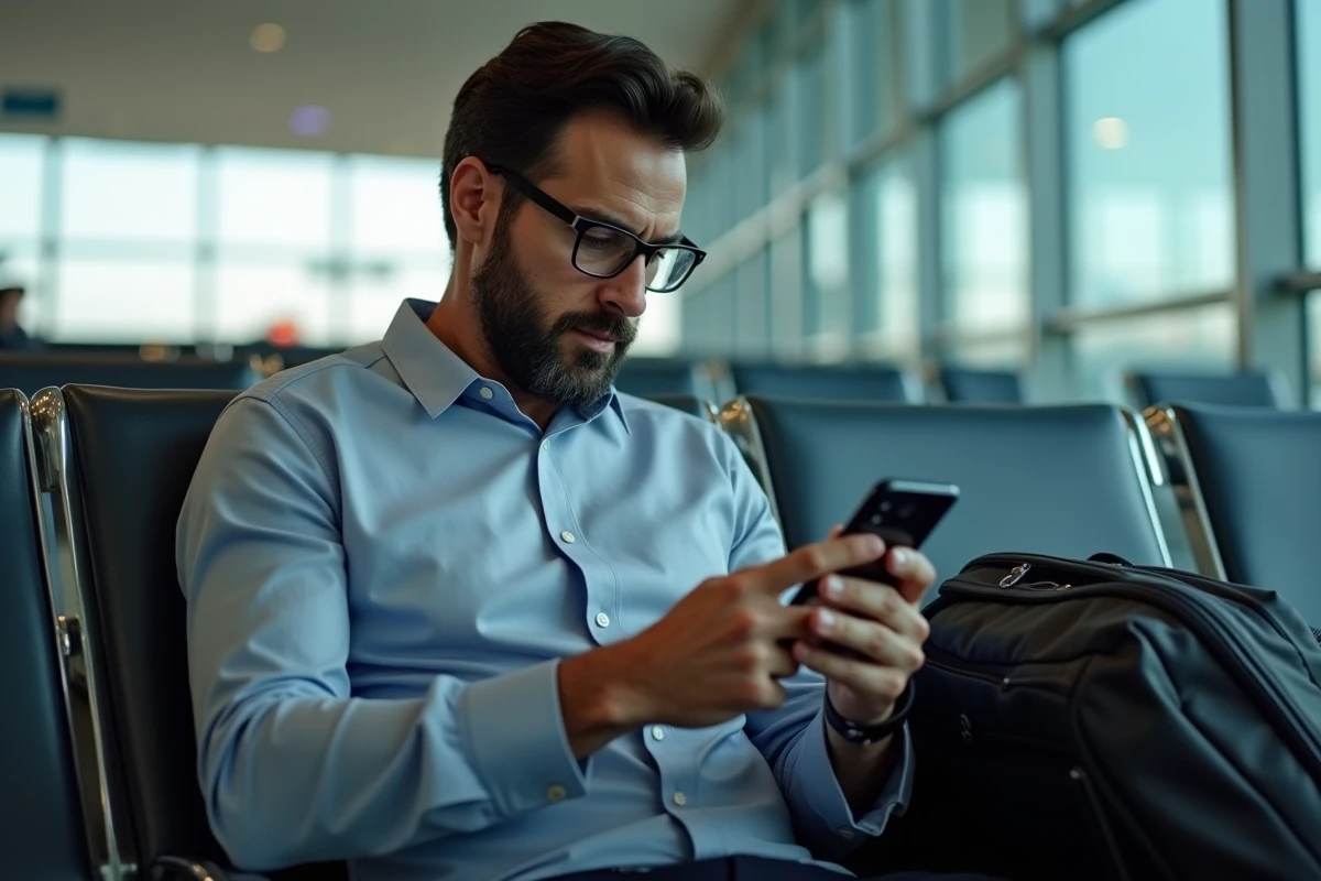 Homme dans un aéroport vérifiant sa réservation sur smartphone