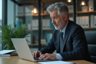 Homme d'affaires concentré sur son ordinateur dans un bureau