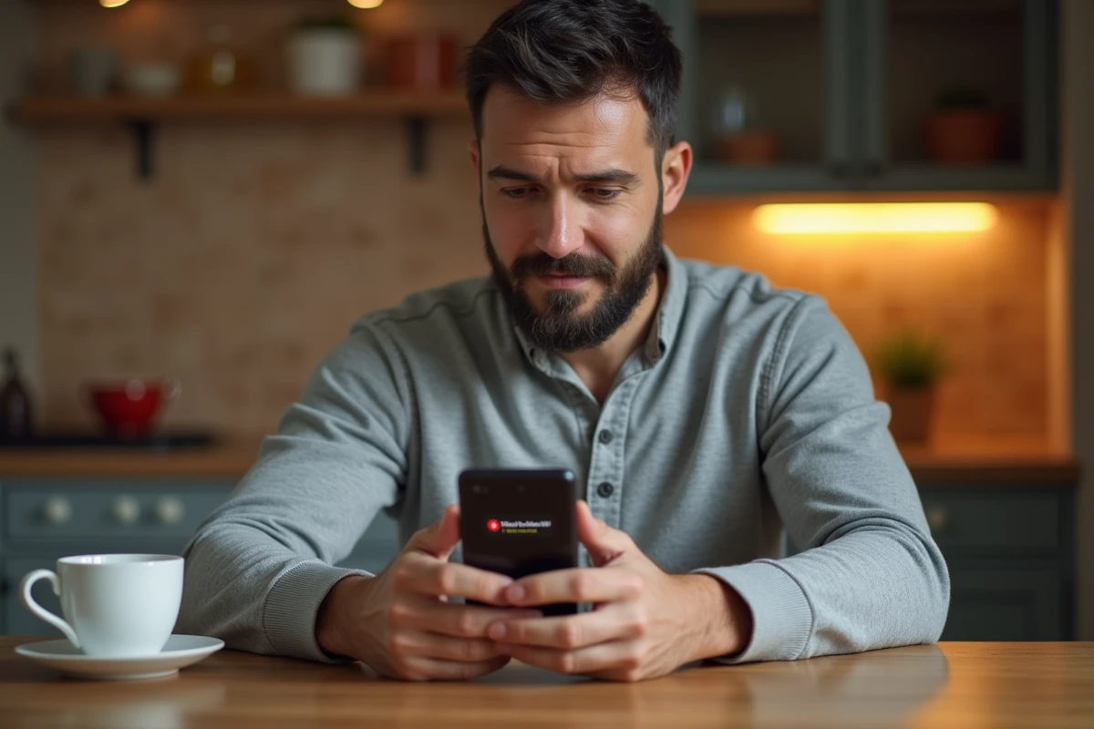 Homme à la maison recevant une alerte de sécurité sur URL masquée sur son smartphone dans une cuisine moderne