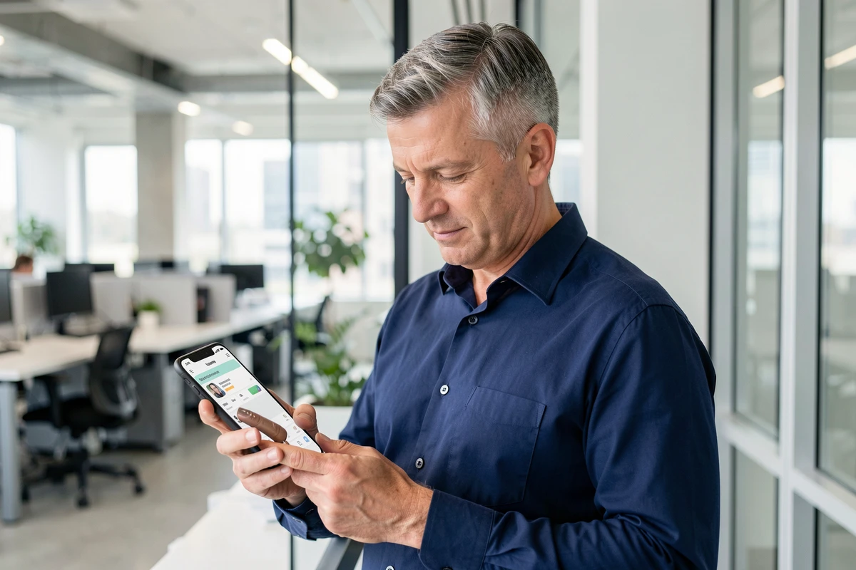 Homme consultant l'application Mail Orange sur smartphone dans un bureau professionnel moderne