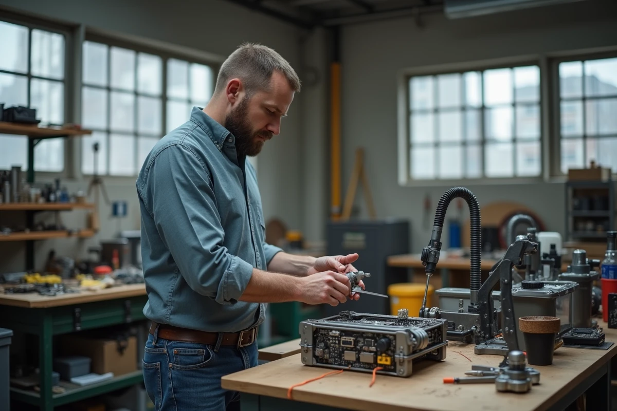 Homme en atelier industriel assemblant un prototype avec outils