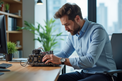 Homme en chemise bleue assemble une machine complexe