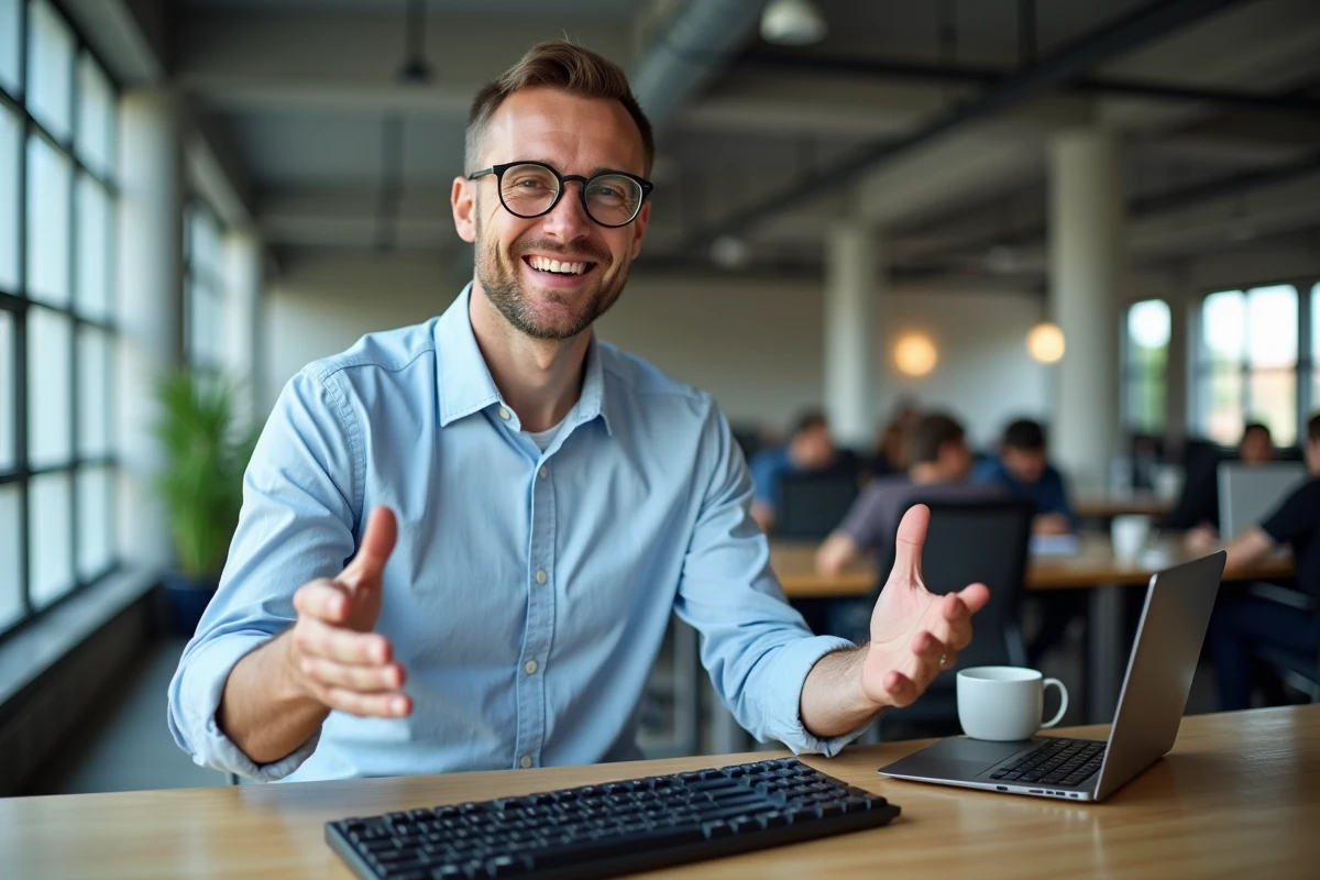 Homme expliquant le clavier AZERTY dans un espace de travail moderne