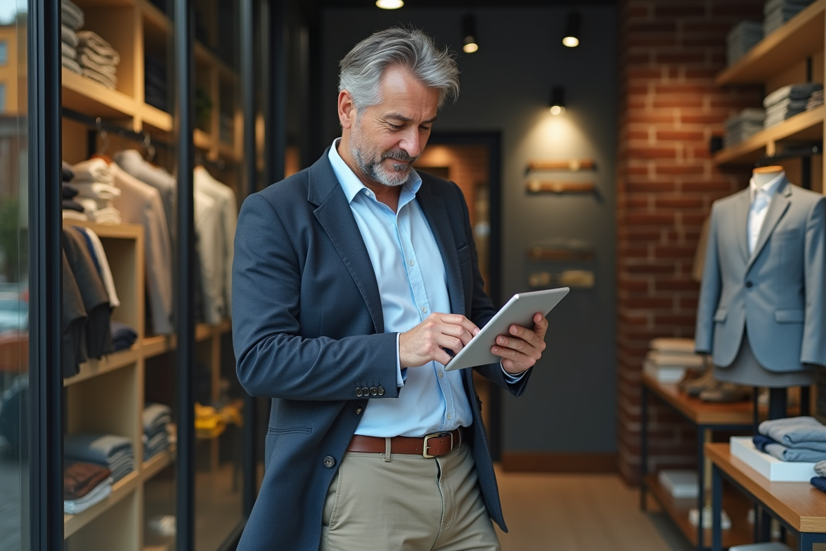 Homme d age moyen utilisant une tablette dans une boutique ecommerce