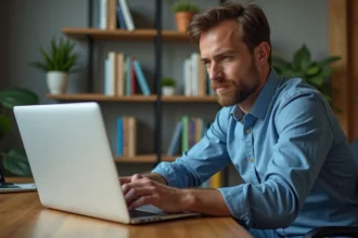 Homme en bureau à domicile travaillant sur son ordinateur