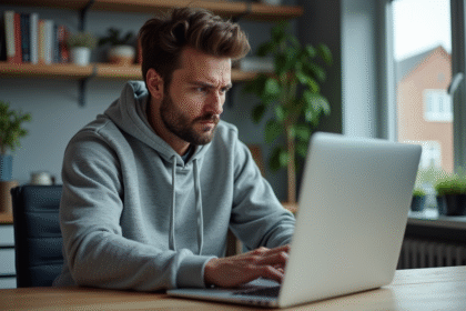Homme en hoodie gris concentré devant un ordinateur à la maison