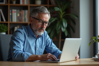 Homme d'âge moyen vérifiant un email de phishing sur son ordinateur