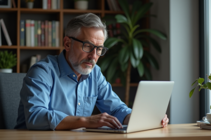 Homme d'âge moyen vérifiant un email de phishing sur son ordinateur