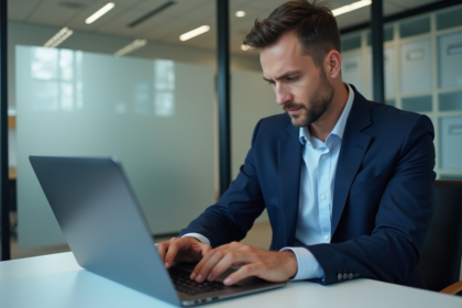 Homme d'âge moyen travaillant sur un ordinateur dans un bureau moderne