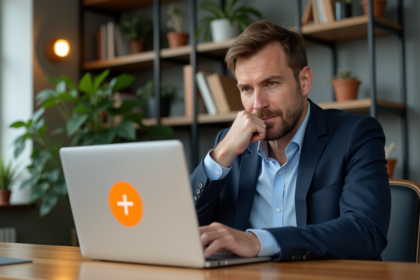 Homme d'âge moyen regardant un ordinateur avec logo orange