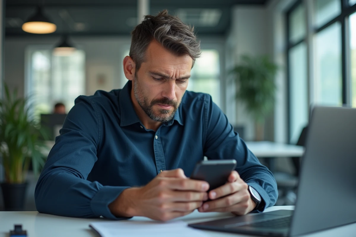Homme en bureau utilisant une application de récupération de SMS supprimés sur son téléphone