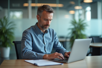 Homme d'affaires tapant un mot de passe sur un ordinateur au bureau
