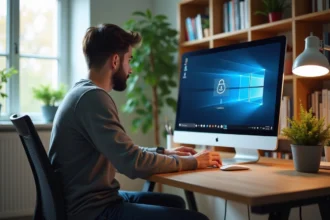 Jeune homme concentré devant un écran de sécurité Windows