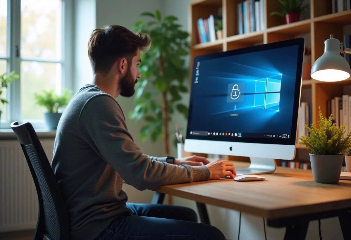 Jeune homme concentré devant un écran de sécurité Windows