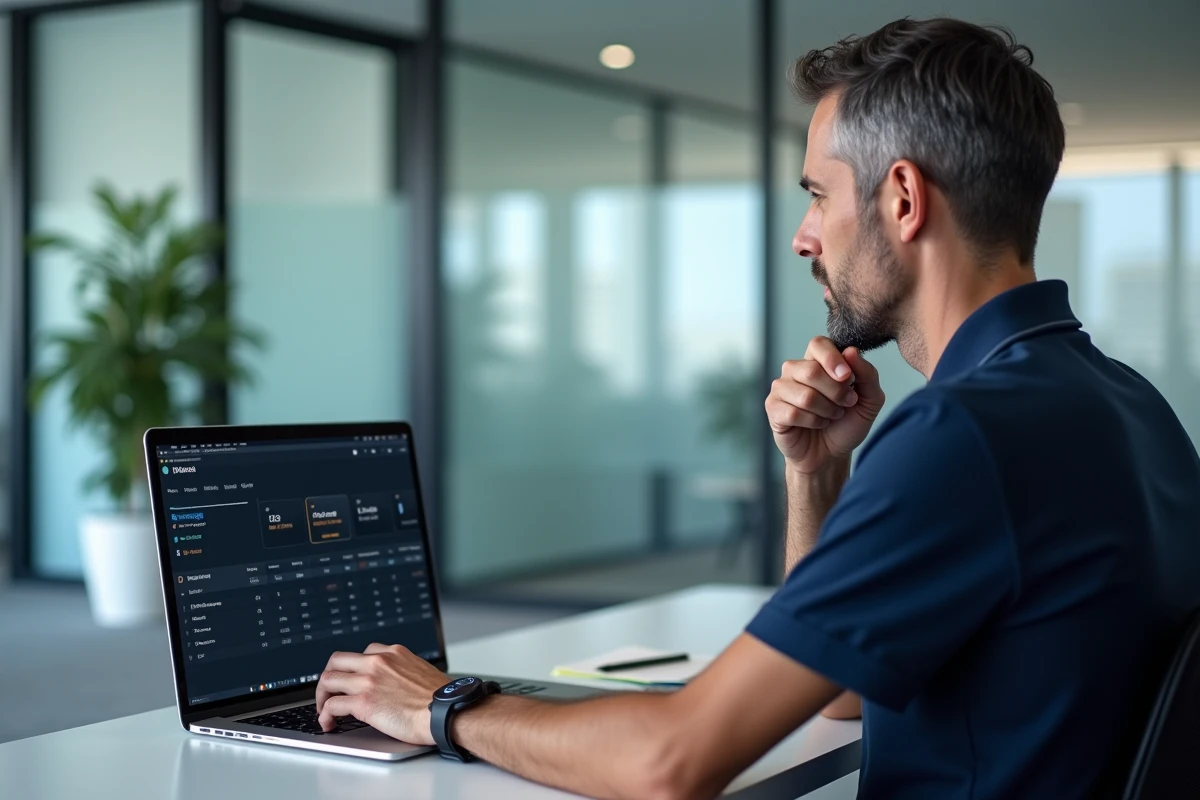 Homme en bureau consultant un tableau de bord de stockage avec des valeurs en Go et Mo sur un ordinateur portable
