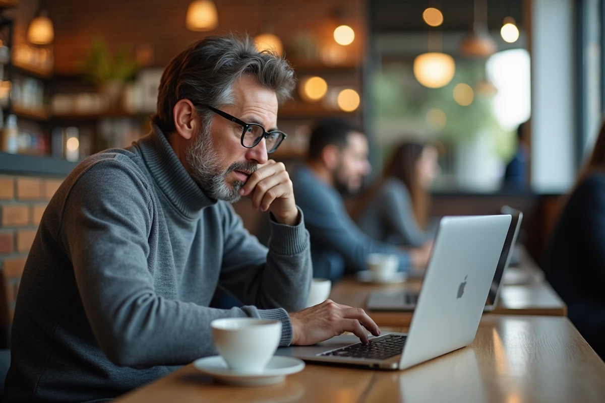 Homme au café utilisant son ordinateur portable