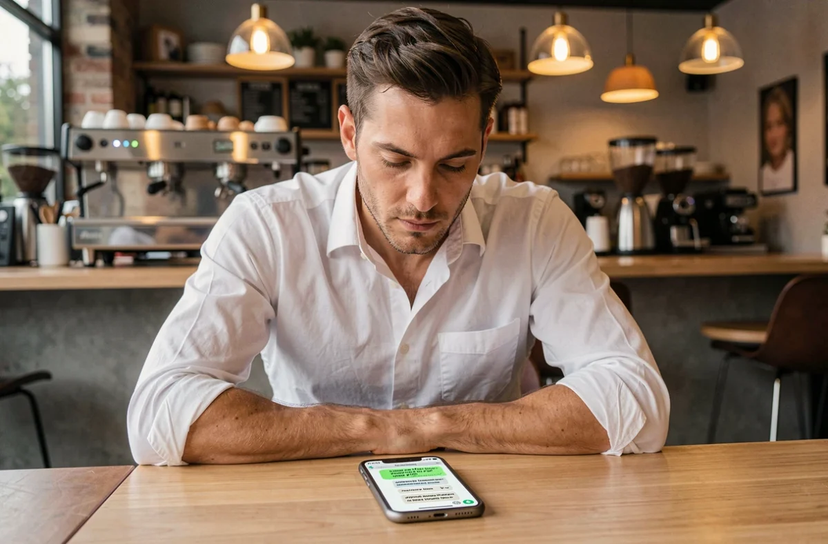 Homme dans un café consultant son téléphone avec des messages WhatsApp affichant du texte en gras et en italique