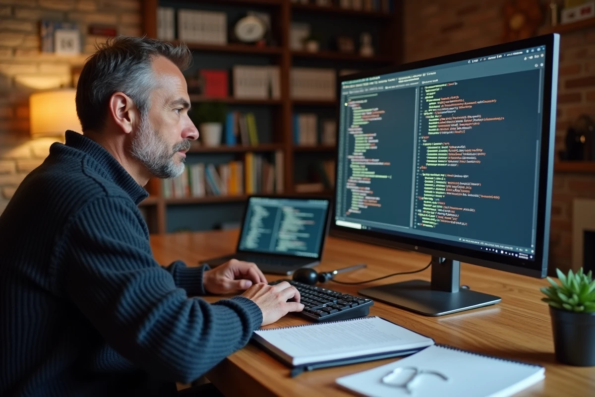 Homme en sweater code sur un grand écran dans un intérieur cosy