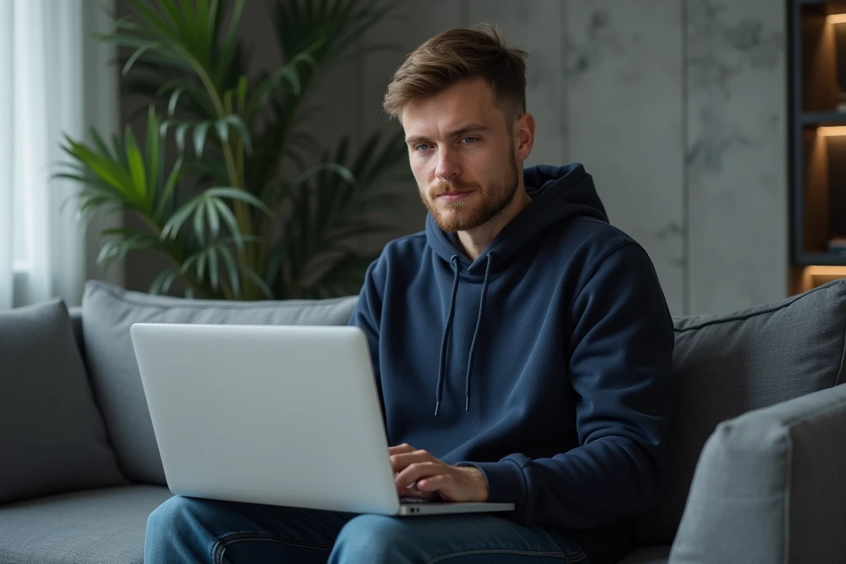 Homme utilisant un ordinateur portable pour consulter des stories Instagram sans être détecté dans son salon