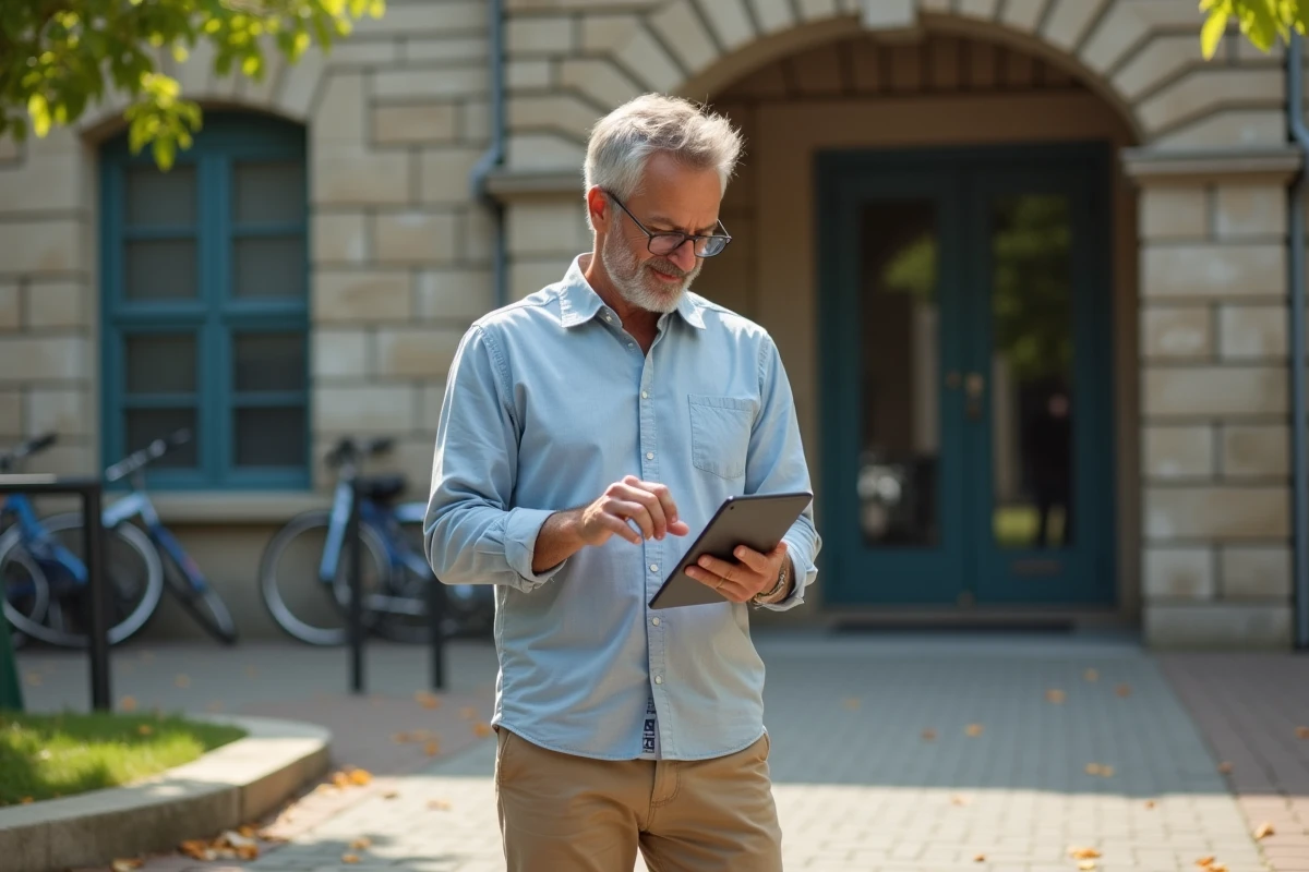 Homme d age moyen vérifie ses emails sur une tablette devant l école