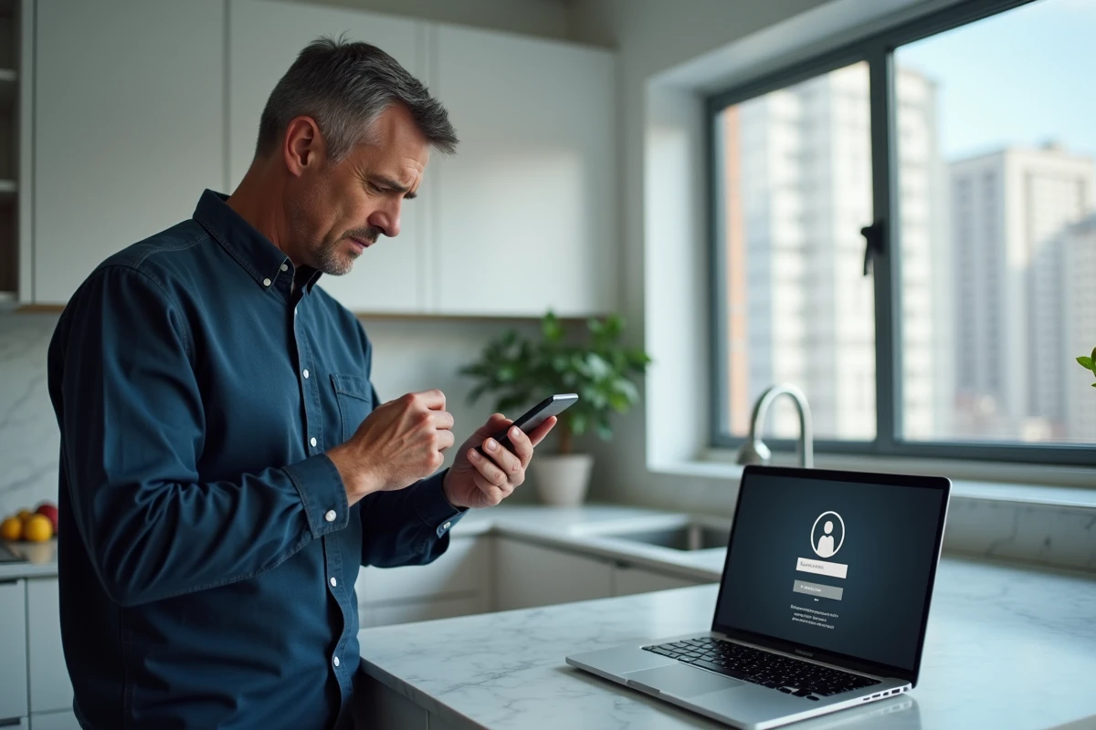 Homme consultant son smartphone et son ordinateur pour résoudre un problème de connexion à un compte en ligne