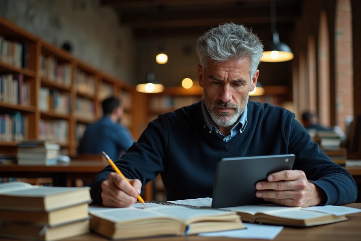 Homme étudiant la grammaire française avancée dans une bibliothèque universitaire, entouré de livres de linguistique et de notes manuscrites