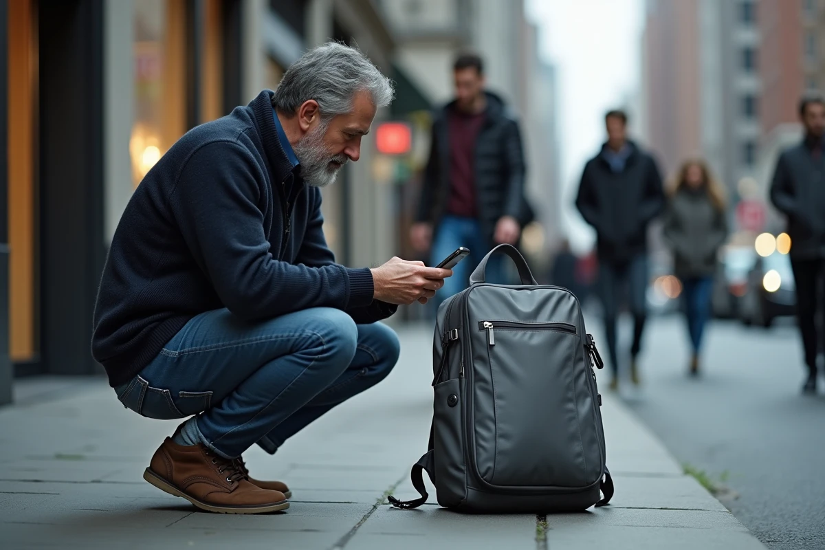 Homme utilisant son iPhone pour localiser un sac perdu grâce à une alerte AirTag en mode perdu dans la rue