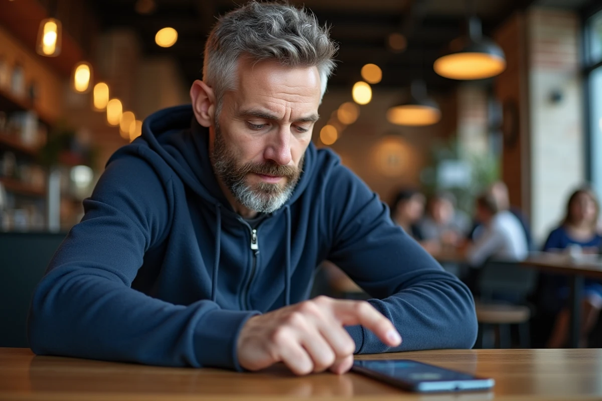 Homme interagissant avec l'interface Apple Intelligence sur iPhone dans un café urbain, mise à jour iOS 18.4.1